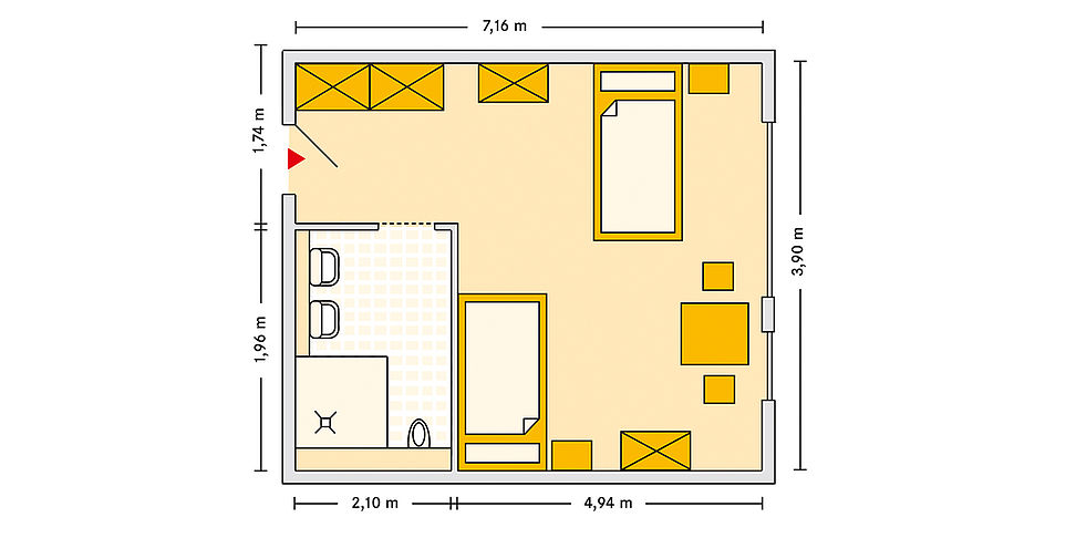 Pflegeheim Aalen mit Beispielgrundriss Doppelzimmer.