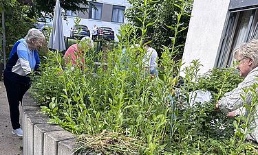 Viele fleißige Hände packten bei der Pflanzaktion mit an. Die Senioren verschönerten den Apfelgarten am Kursana Domizil.

